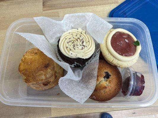 Tip: bring your own container! Biscuit, chocolate cupcake, blueberry financier, and rhubarb cookie