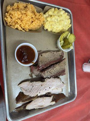 2 Meat Plate with Brisket and Turkey; sides are Mac & Cheese and Spanish Rice