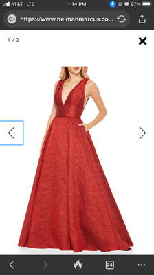 Original sleeveless red brocade MacDuggal gown.