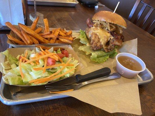 Boom boom chicken, side salad, sweet potato fries