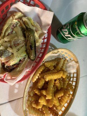 Hot dog & fries with cheese