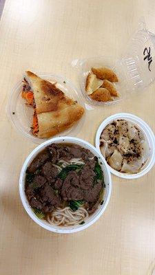 24. Beef Noodles, 33. Sesame Pancake with Peking Duck, 13. Wontons with Spicy Sauce, 4. Shrimp Dumplings