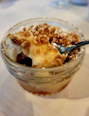 Nov 2021: Third course-- Dessert. Some kind of apple custard oats cake. Rather strange combination.