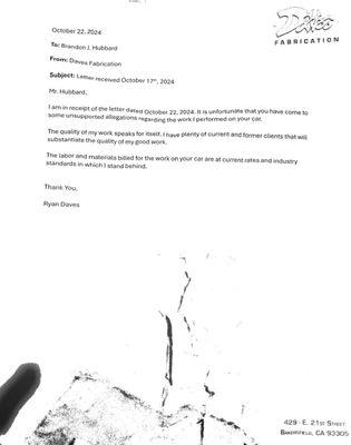 Letter from Ryan Daves Delivered by his daughter