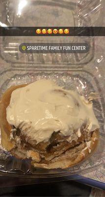 I got this cinnamon roll from Sparetime's cafe bc on their Facebook they said first come first serve and they make awesome cinnamon rolls