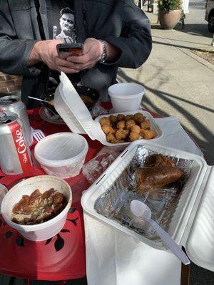 Smoked boudin, red beans and rice, fried okra, gumbo.