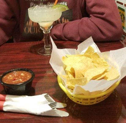 Chips, small house margarita, wonderfully spicy salsa