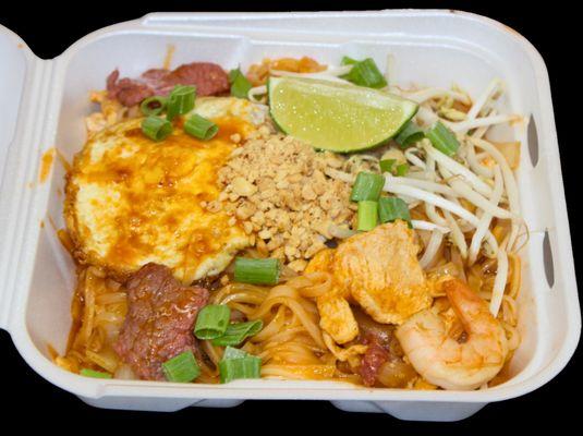 #20 Pad Thai Noodles with
 A. Veggie $8
 B. Chicken $9
 C. Shrimp $10
 D. Beef $10
 E. Combo $11