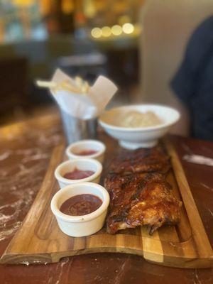 Ribs, fries and brown rice