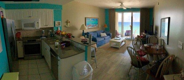 Pano shot of the kitchen and living room