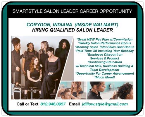 *HIRING QUALIFIED SALON LEADER* Call/Text 812-946-0957 or Email jdillow.style@gmail.com