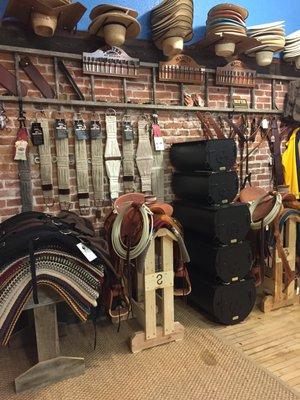 Saddle blankets, girths, breast collars, saddle pads, leather working tools.