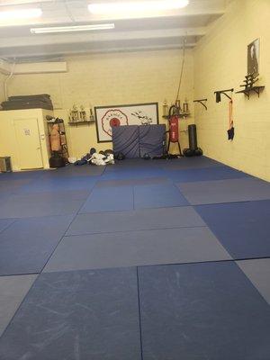 Inside our workout area, here we teach Judo, self defense, and personal training.