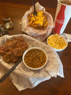 Pulled pork, loaded fries, beans, Mac cheese