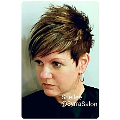 Warm natural brown with Highlights~ Shattered Pixie gives added texture