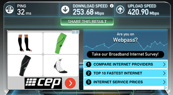 I went from speeds in the 20s Mbps (if I was lucky) with Comcast to 253.7 Mbps in the same spot in my apt with Webpass.