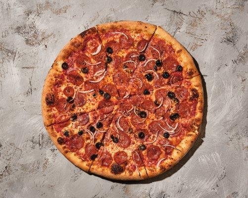 Hot Honey Pie: Red sauce, mozzarella, pepperoni, red onions, black olives and a drizzle of our hot honey