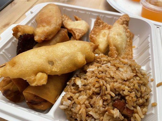 All day combo options. Crab rangoon (3) Chicken fingers (3) Beef Teriyaki (1) Springroll (1) Added Springroll for extra charge