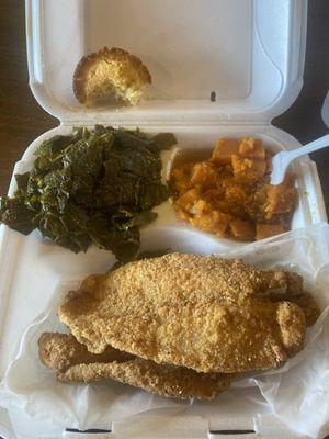 2pc catfish with collard greens & yams cornbread