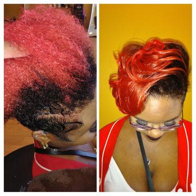 Cut, partial relaxer, partial color,fingerwaves and silk press.