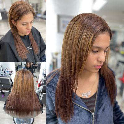 Hair extensions to blend the neck length hair down to the chest length in one sitting