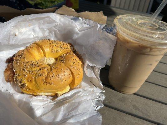 2 eggs bacon on a super egg bagel and Iced Coffee