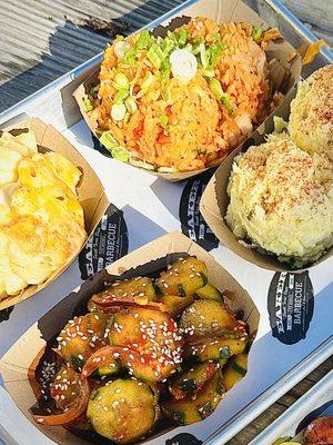 Mac & Cheese; Korean Cucumber Salad; Kimchi Fried Rice; Potato Salad