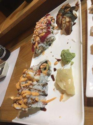 Bottom left : Lobster Deluxe Roll Top left: Touchdown Roll Top Right BBQ Eel Nigiri