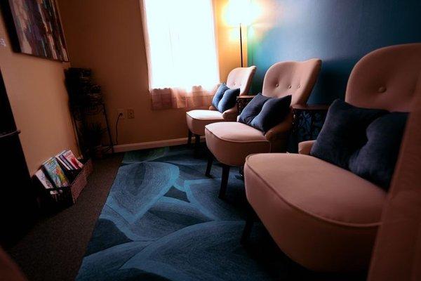 Relax in our cozy waiting room with complimentary refreshments before or after your session