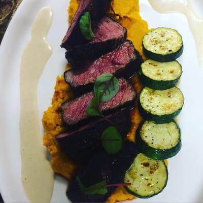 Coffee rubbed steak/ local zucchini/ carrot purée/ hazelnut 'milk'