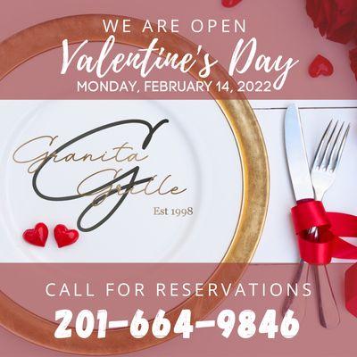 We are OPEN!!! MONDAY, February 14, 2022!!!!

Granita Grille Ristorante - Westwood, NJ 
201-664-9846 @granitagrilleristorante