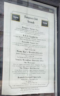 Hangover Club Brunch Menu