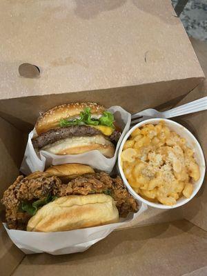 Cheeseburger, crispy chicken sandwich, mac&cheese