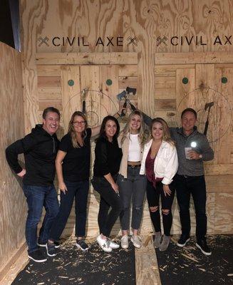 Group photo after a fun night with friends throwing some axes!