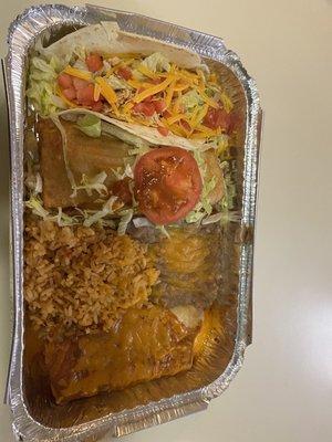 Soft taco, cheese enchilada, chicken chimichanga