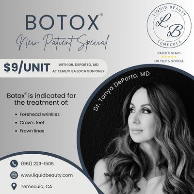 New Patient Special at Liquid Beauty Temecula only.  Savings on Botox, Dysport, and Daxxify.