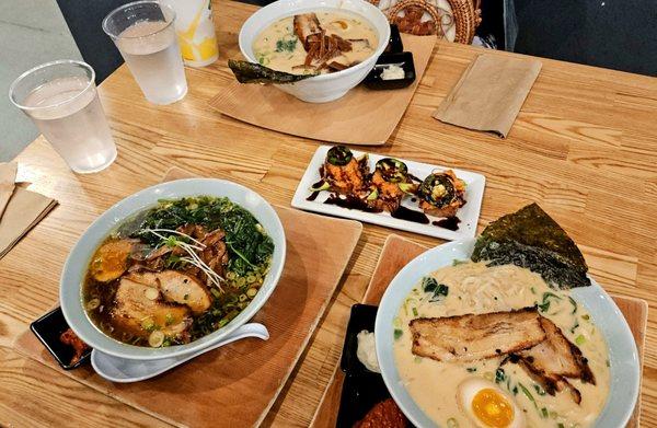 Shoyu ramen w/ HiroNori original thick noodles, tonkotsu ramen w/ thin noodles, and 3pc crispy rice w/ spicy tuna