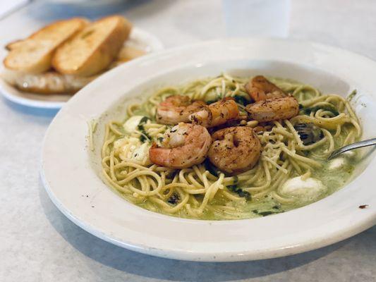 Pesto Pasta with shrimp added.