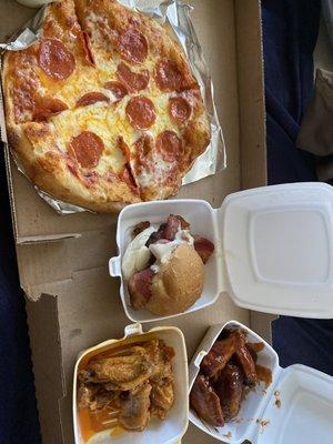 Personal pepperoni pizza  Bacon burger  10 piece wings barbecue and hot