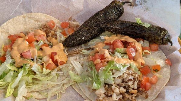 Fish tacos with chiles torreados.