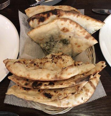 Tasty bread: Top: SPINACH-GOAT CHEESE KULCHA, Bottom: CHILI GARLIC NAAN