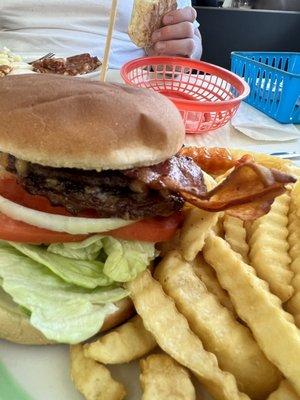 Bacon Cheddar Cheeseburger and fries