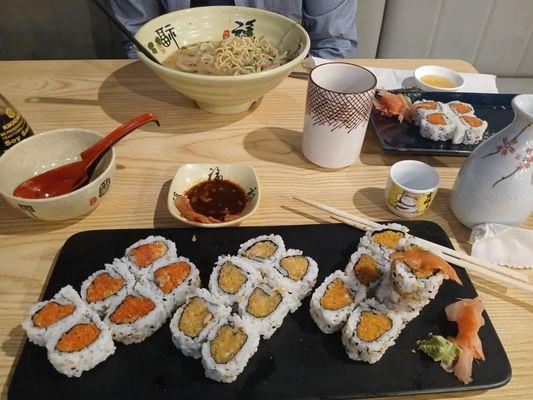 Sushi combo (comes with soup or salad), Ramen, green tea, and sake.