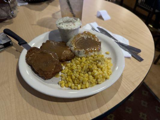 Breaded Pork Chops Mashed Potatoes, Corn & Creamy Coleslaw