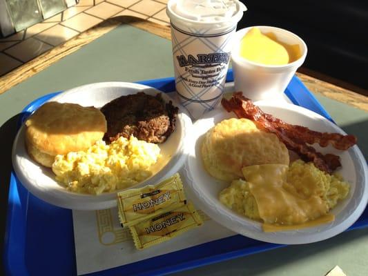 Steak and Bacon plate with sweet tea and a large side of cheese grits. EMM EMM YUM!!!!