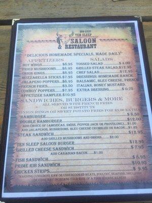 menu @ Ten Sleep Saloon