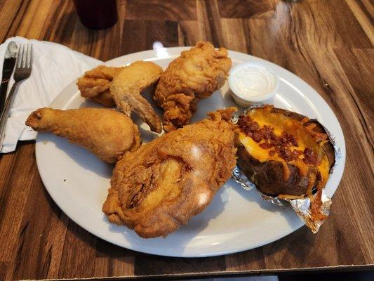 Fried chicken with loaded baked potato...delicious