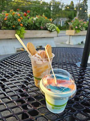 A fluffernutter sundae and a Shark Attack (blue raspberry blended with vanilla soft serve, grenadine and a few shark shaped gummy candies)