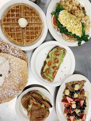 Florentine Benedict, California Panini, Cannoli Pancakes, Waffle, Avocado Toast & Cinnamon Raisin French Toast