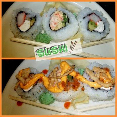 Three's Company Sushi!! (Cooked) By SnowFox  California Roll, California Salad Roll, Philly Roll (Spicy Mayo  and Wasabi dressing)